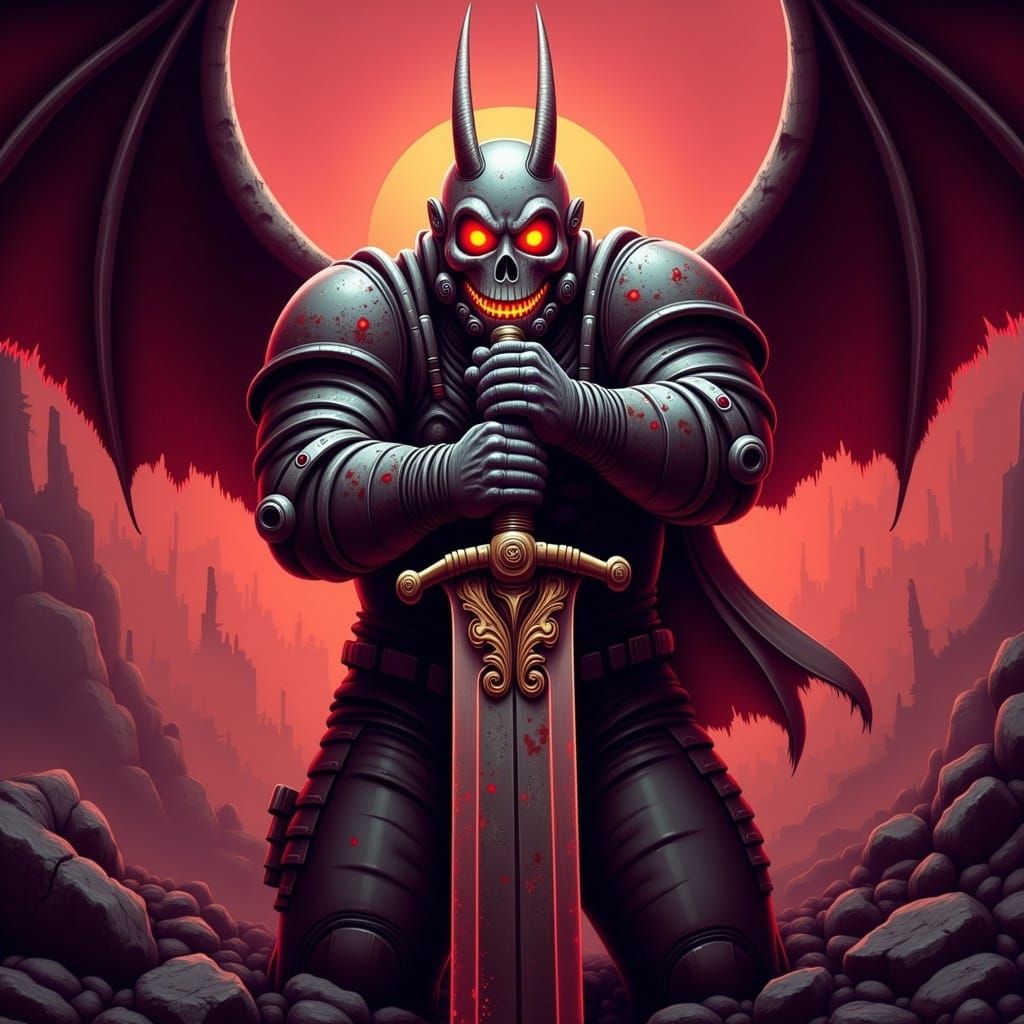 Demonic Heavy Metal Warrior with Sword and Wings