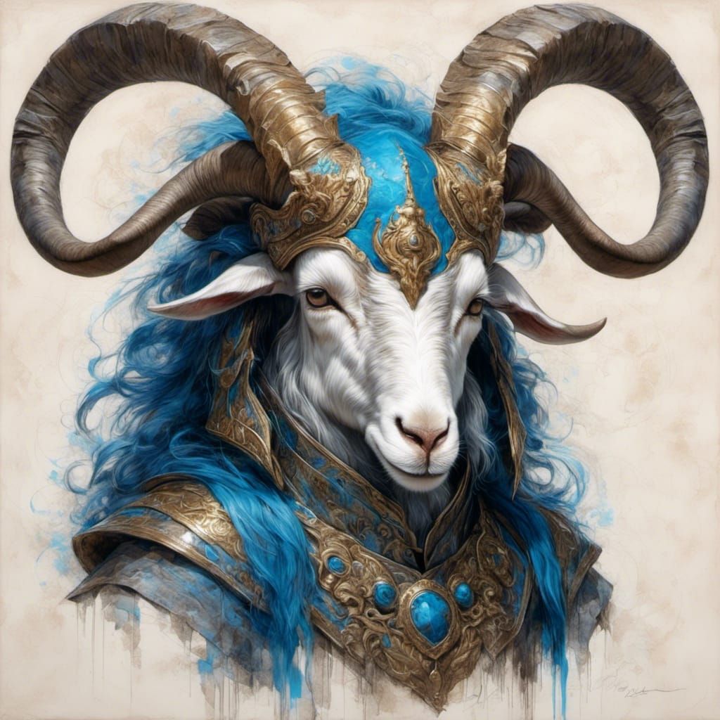 Goat in Medieval Helmet Oil Painting