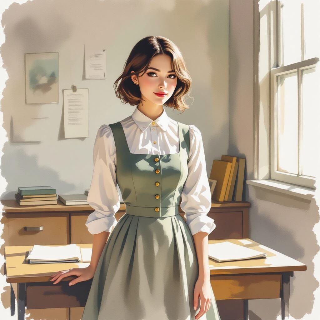 Woman in Classroom Next to Teacher's Desk