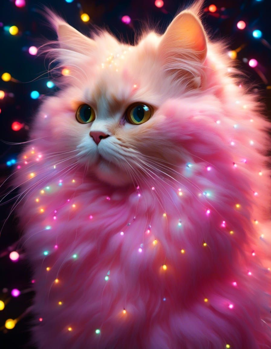 Pink Cotton Candy Cat with Sparkling Lights