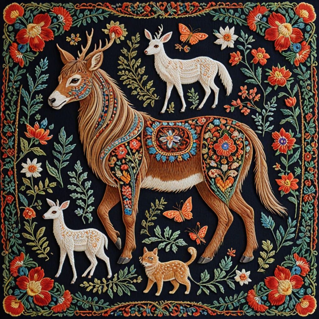Vibrant Animal Embroidery Tapestry in Ukrainian Style