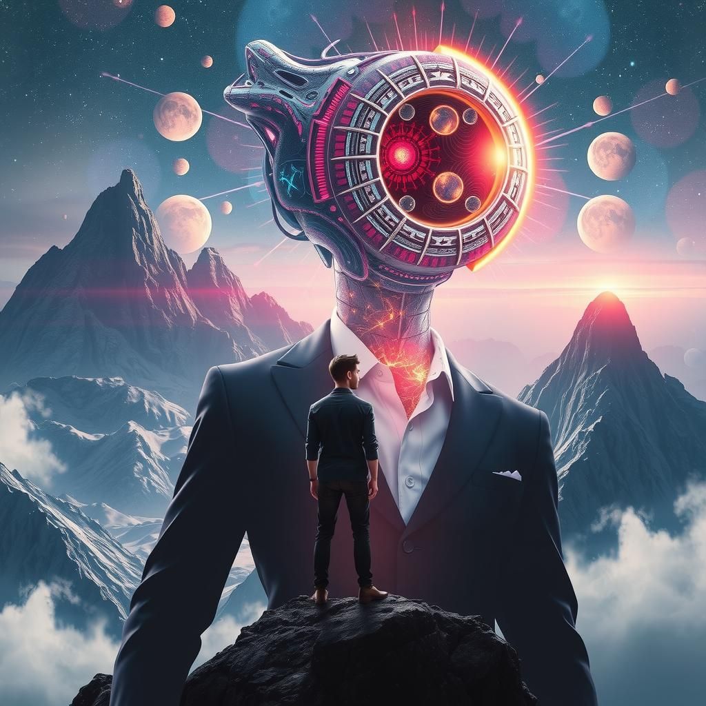 Cosmic Cyberpunk Portrait: Man on a Mountain