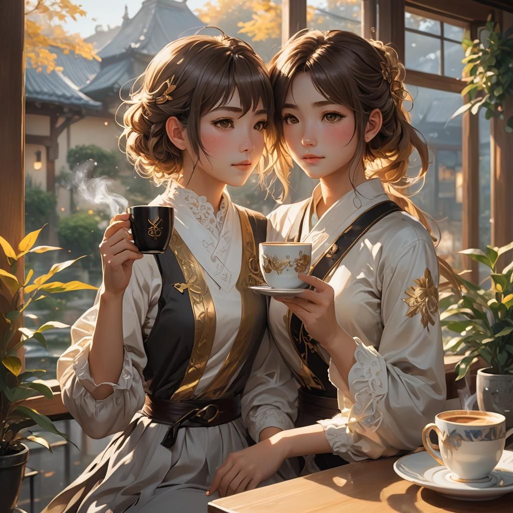 Anime Woman with Coffee in Golden Light