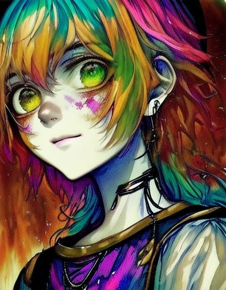 <lora:Lunar Halo:1.0>Ah, what a fierce and fey visage this one bears! With eyes ablaze in eldritch hues and locks like d...