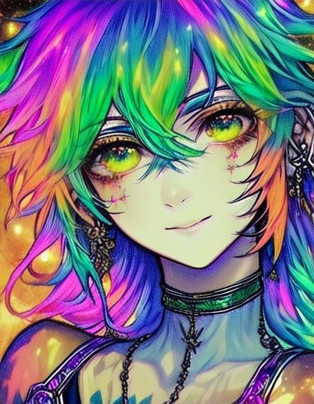 <lora:Lunar Halo:1.0>Ah, what a fierce and fey visage this one bears! With eyes ablaze in eldritch hues and locks like d...