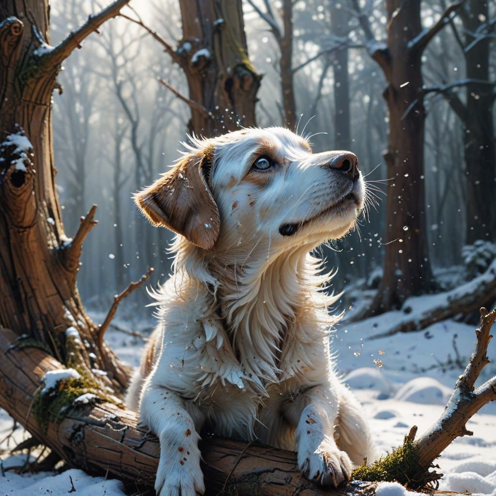 Luminous Puppy in Snowy Forest, Pre-Raphaelite Style