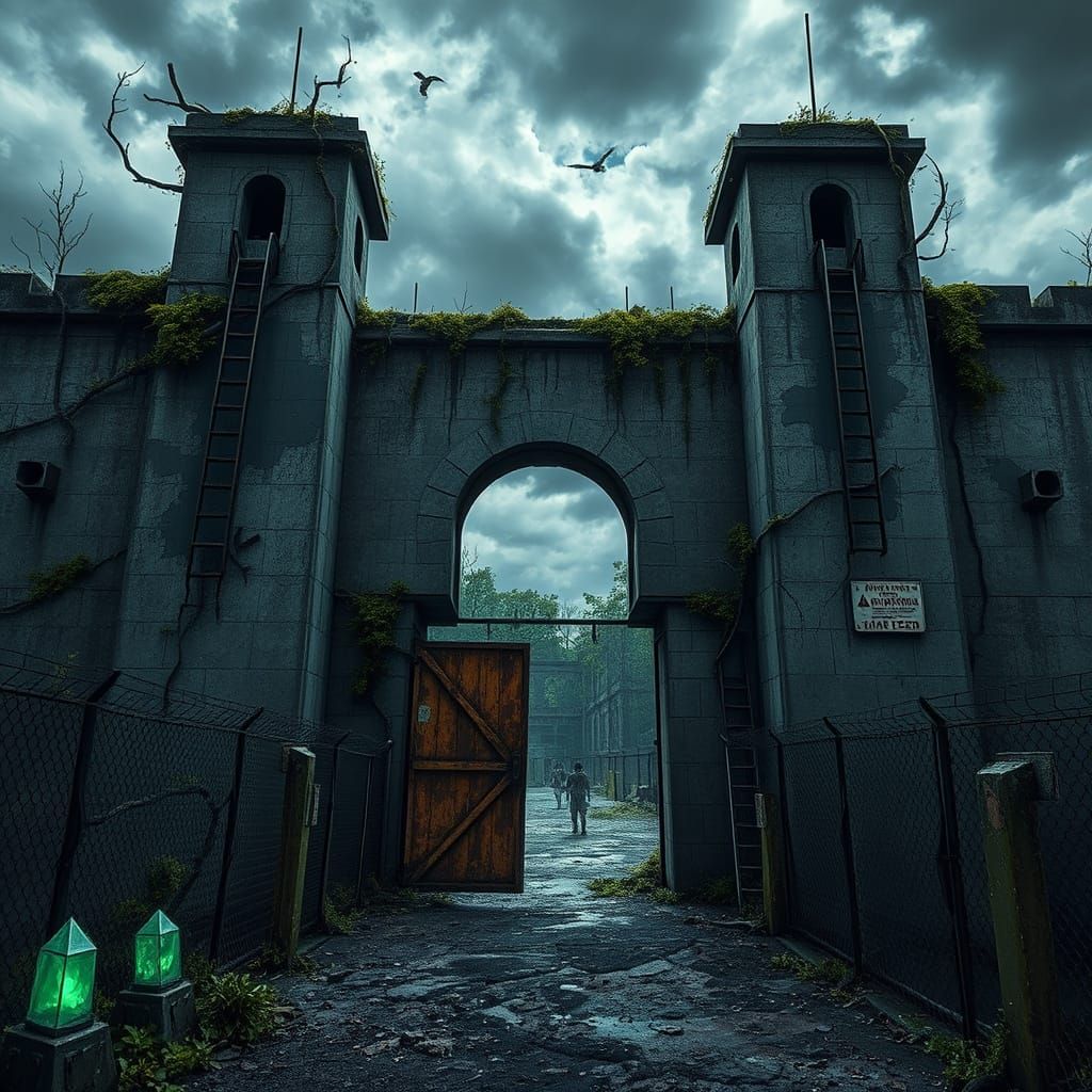 Abandoned Prison Complex Under Stormy Sky: Dark Fantasy