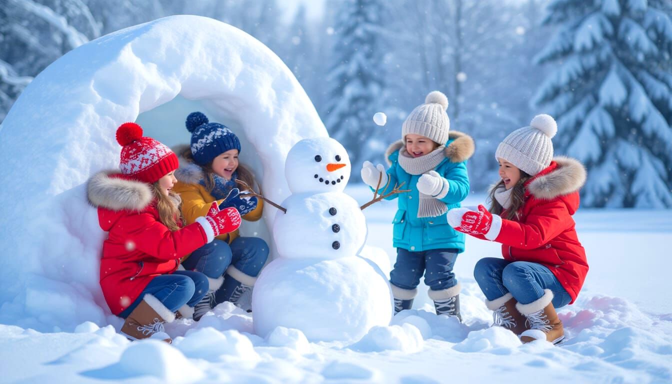 Children Building Snowman in Snowy Winter Wonderland