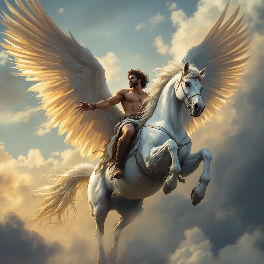 Dark Heroic Perseus Rides Majestic Pegasus into Battle