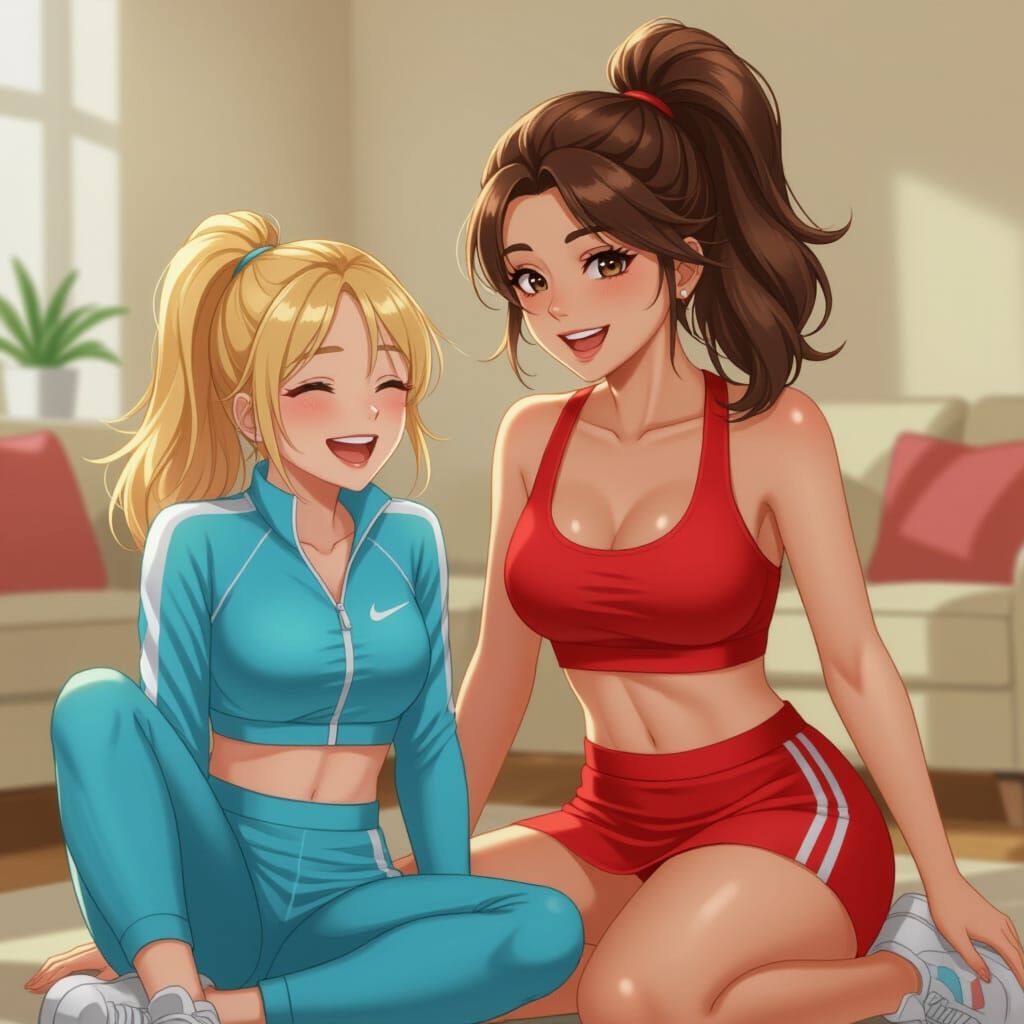 Friends Laughing Together in Sporty Outfits, Anime Style