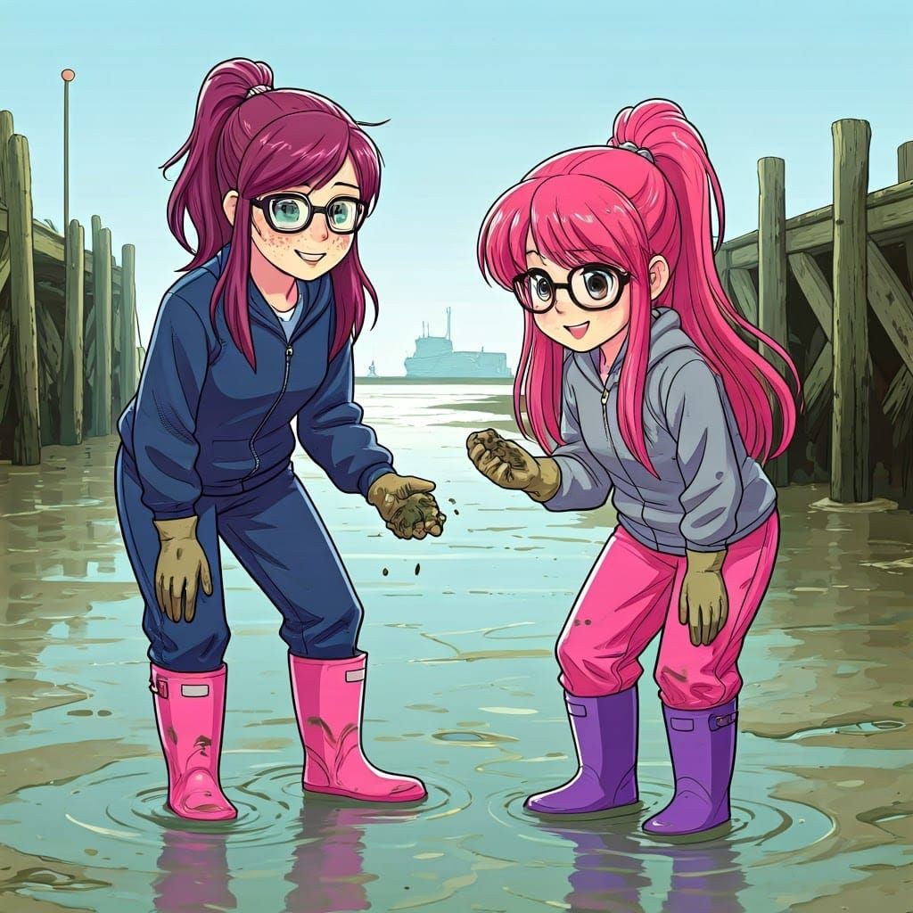 Marine Biology Students Explore Low Tide Harbor Scene