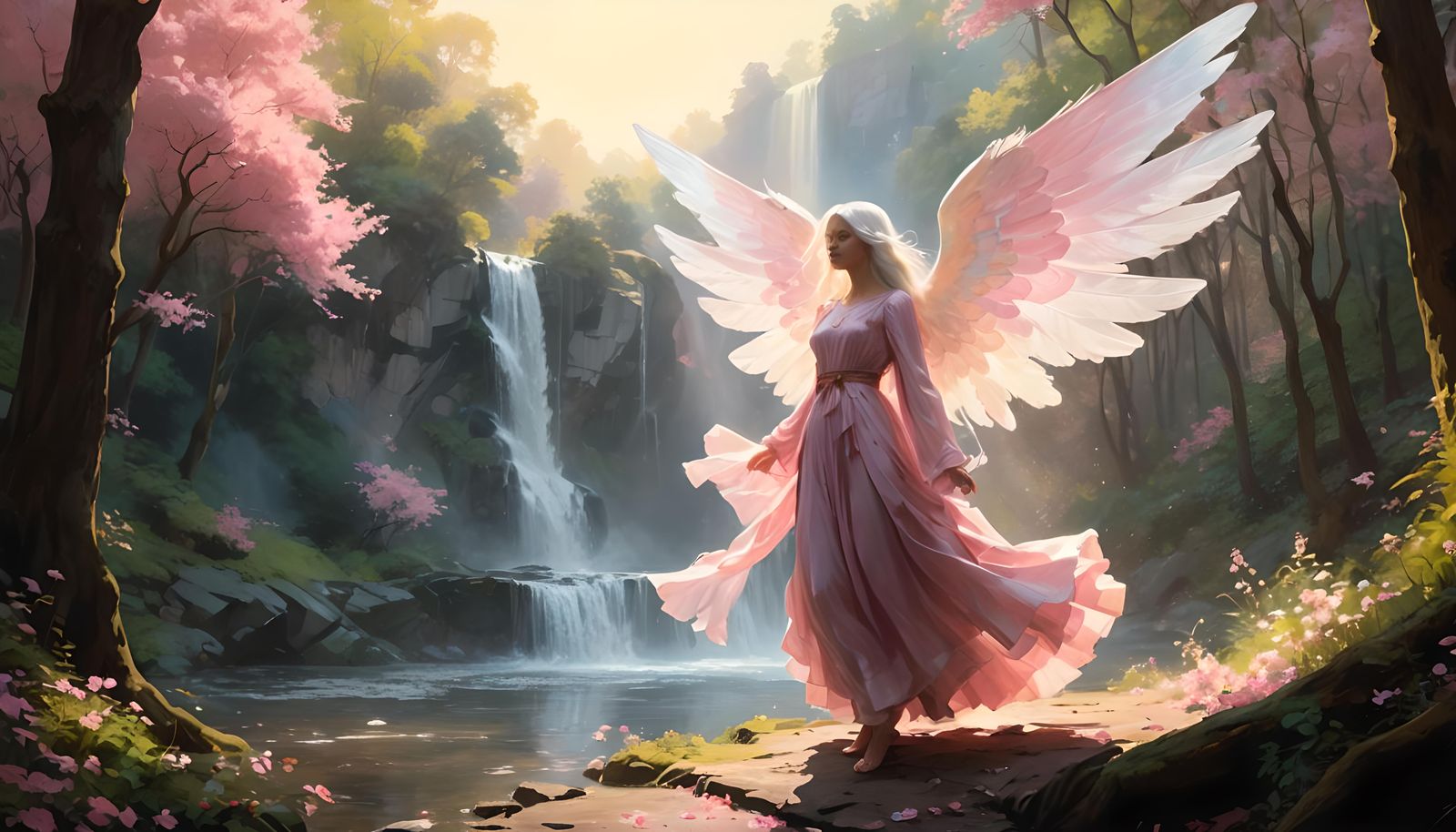 Ethereal Angel with Iridescent Wings in Forest