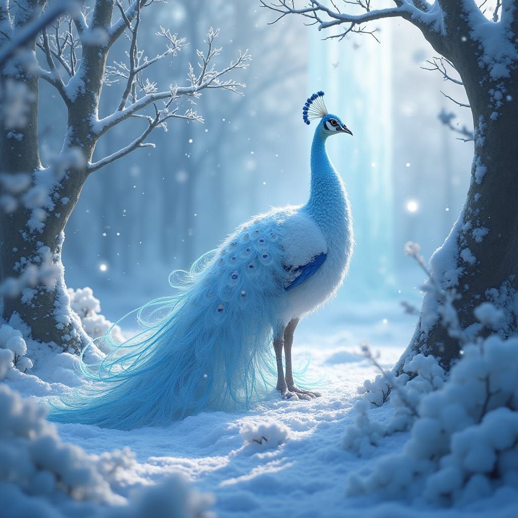 Ethereal Snow Peacock in Winter Wonderland