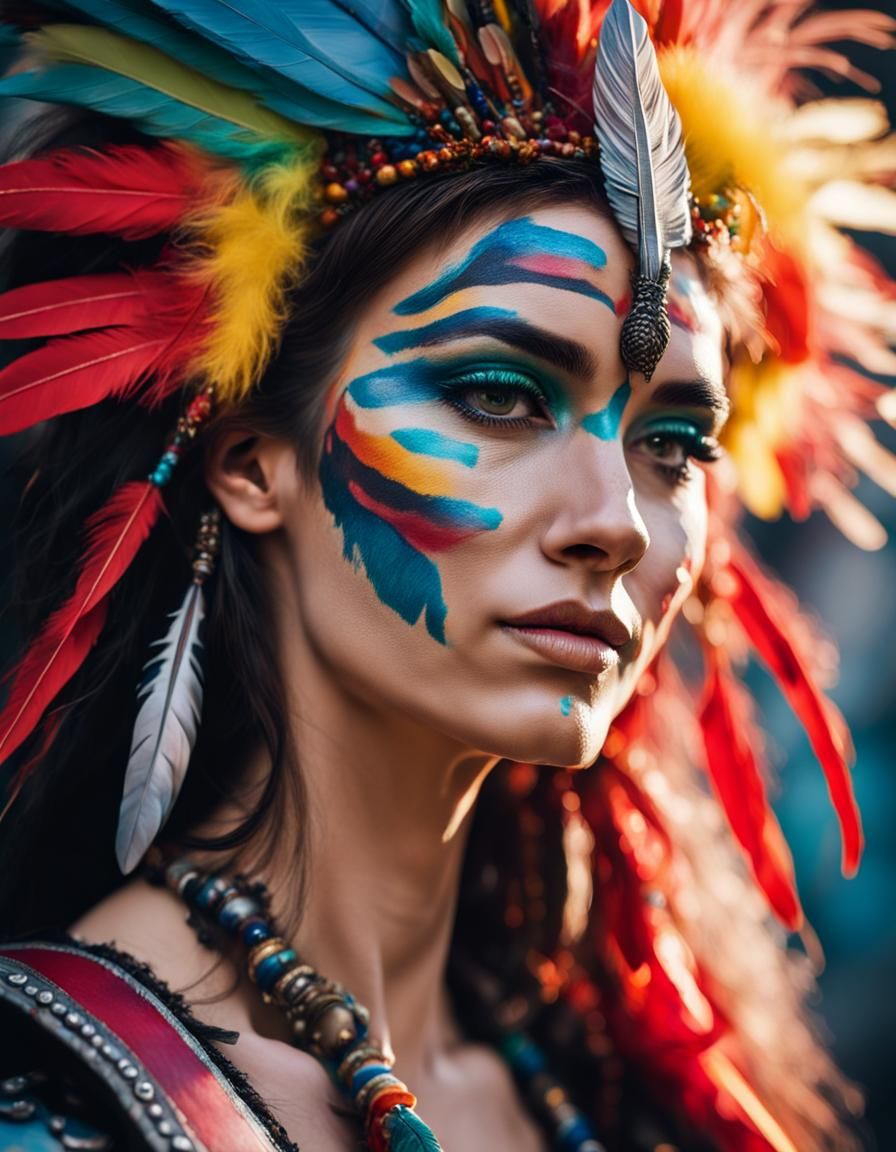 Close-Up Portrait of a Warrior Woman with Face Paint