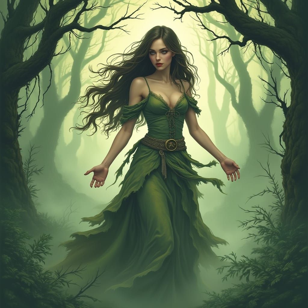 Mystical Forest Goddess in Haunting Dark Art Style