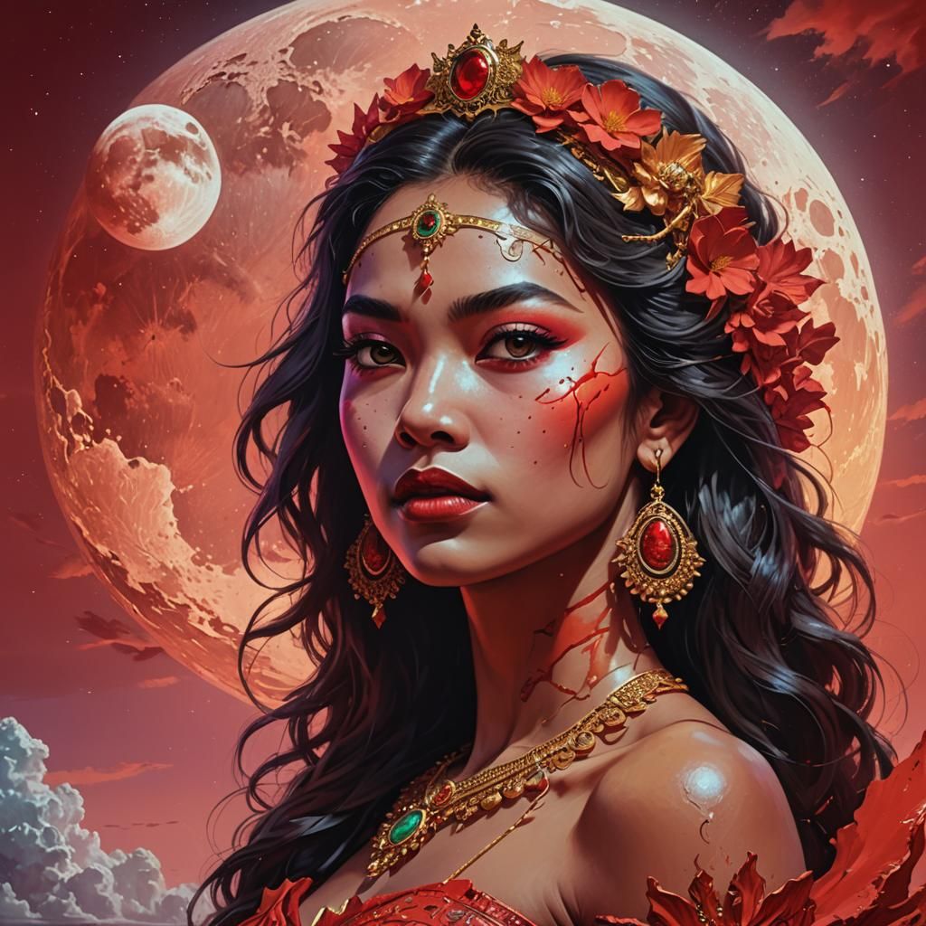 Exotic Woman Under Red Horizon Moon: Hyperrealistic Art