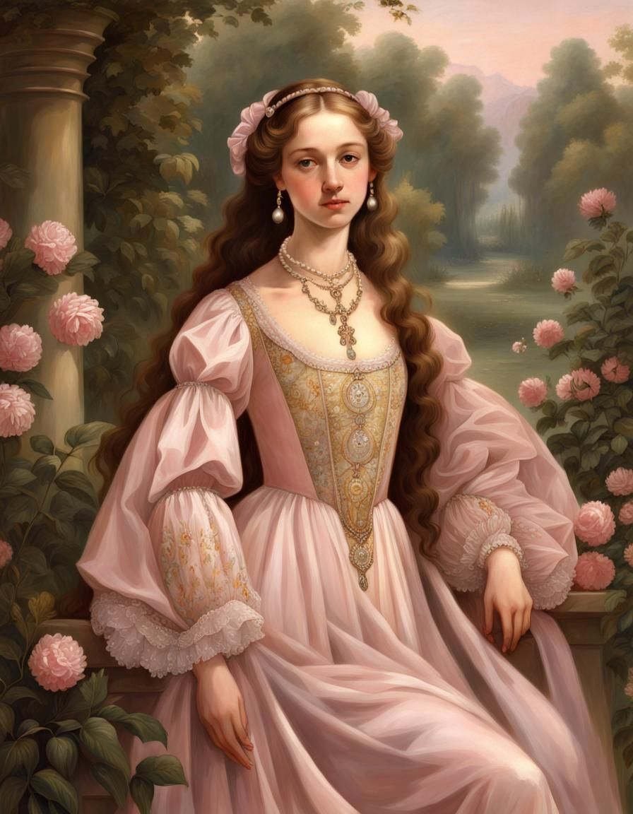 Renaissance Girl in Golden Gown in Garden Portrait