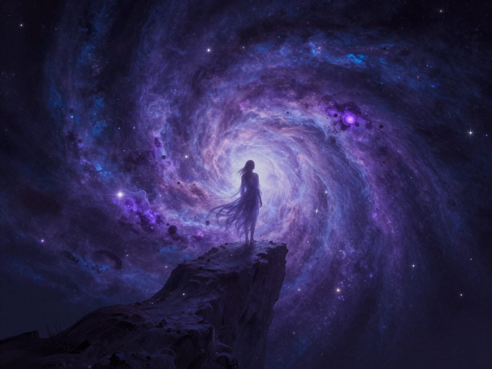 Ethereal Figure at Cosmic Abyss Precipice