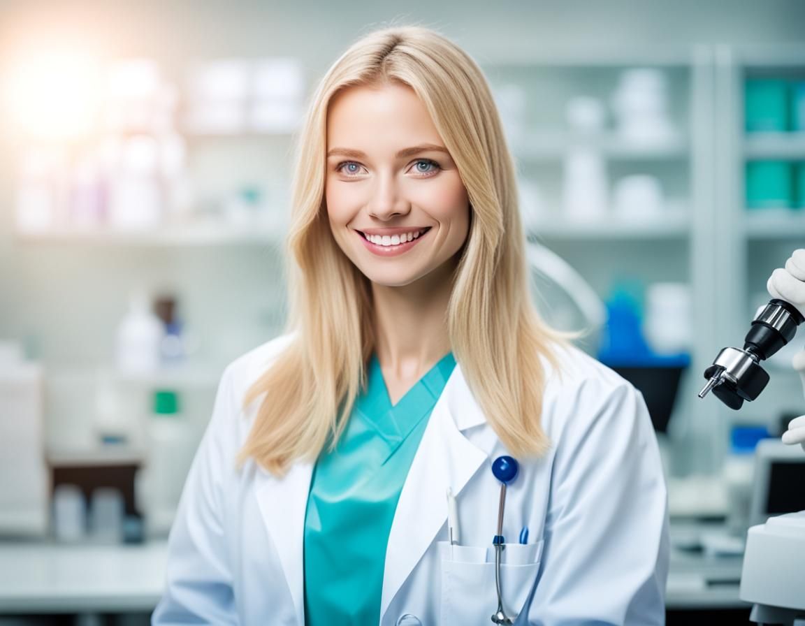 Blonde Dentist with Beautiful Smile in Lab