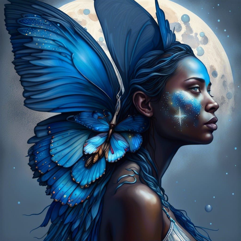 Native American Butterfly Woman in Moonlit Night
