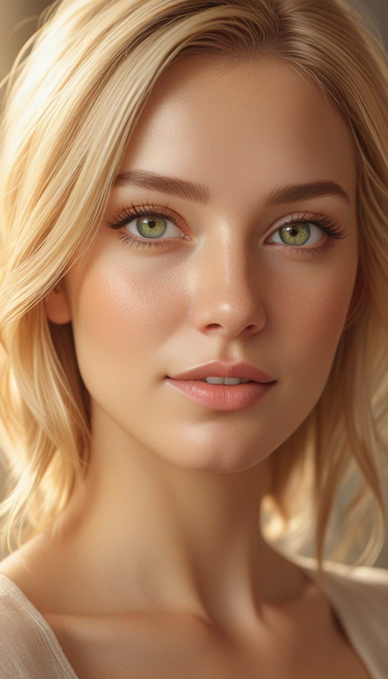 Realistic Portrait of Woman with Green Eyes in Golden Hour L...