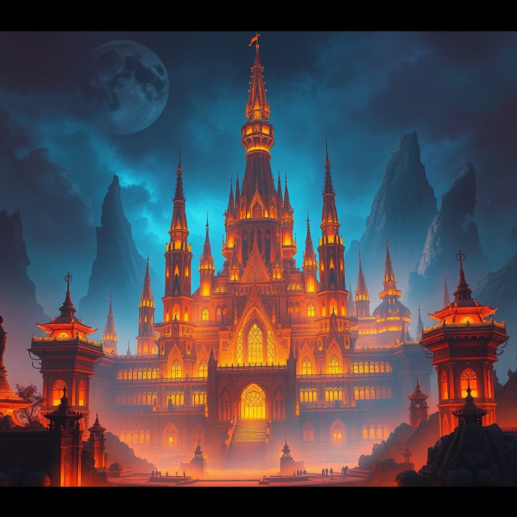 Surreal Fire Palace in Vibrant, Dreamlike Colors