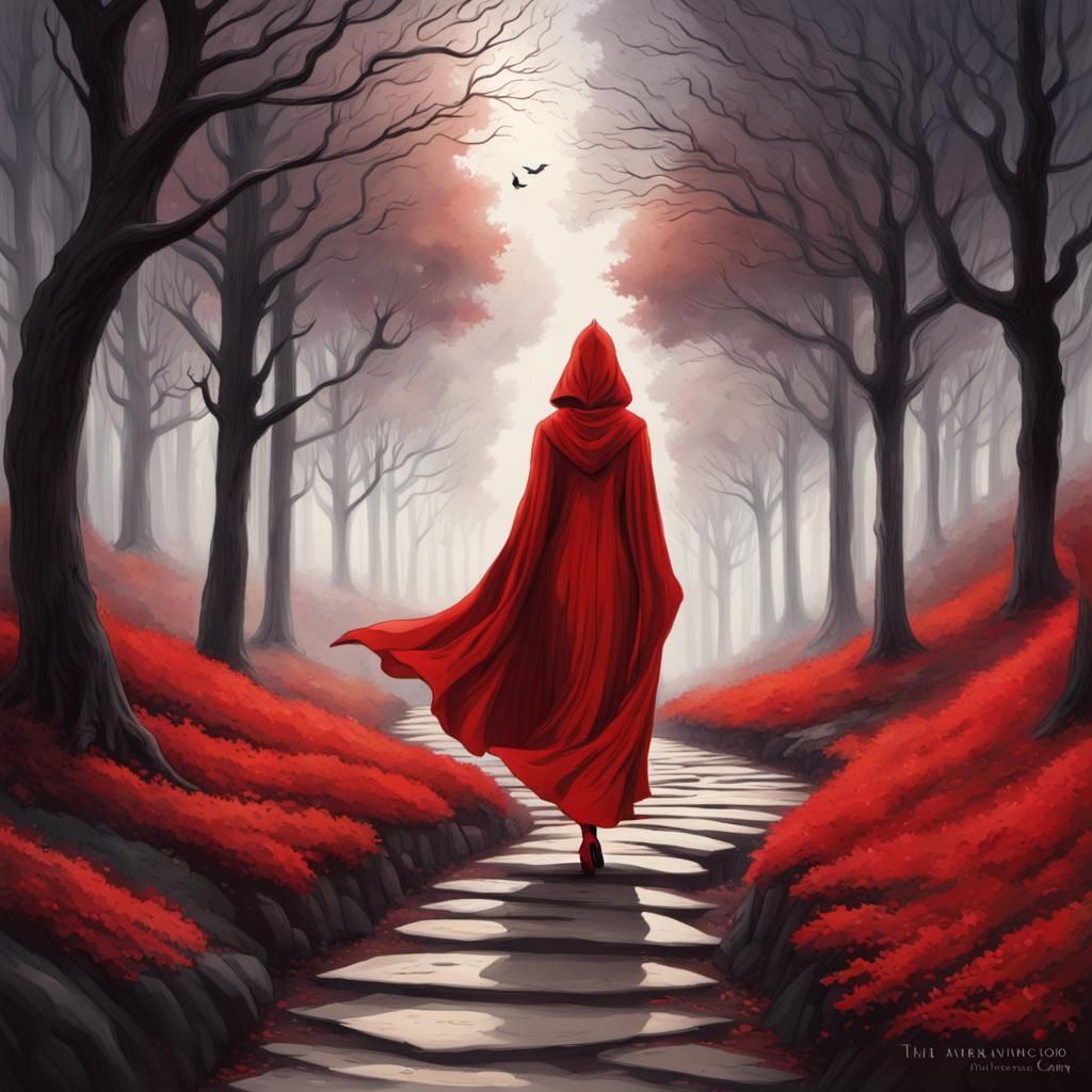 Woman in Red on Winding Path: Mystical Illustration