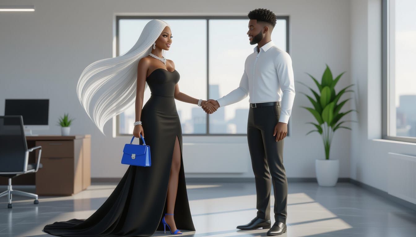 African Woman and Man Shaking Hands in Office, Animated Styl...