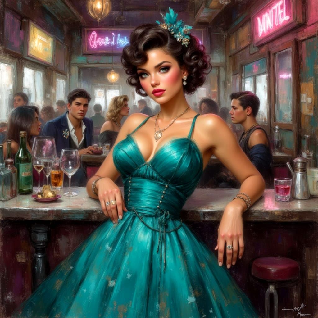 1950s Glamour Woman in Evening Dress at Diner