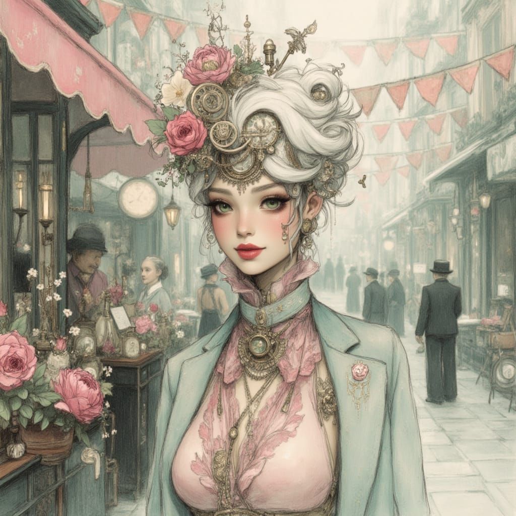 Whimsical Flower Seller Sketch in Steampunk Style