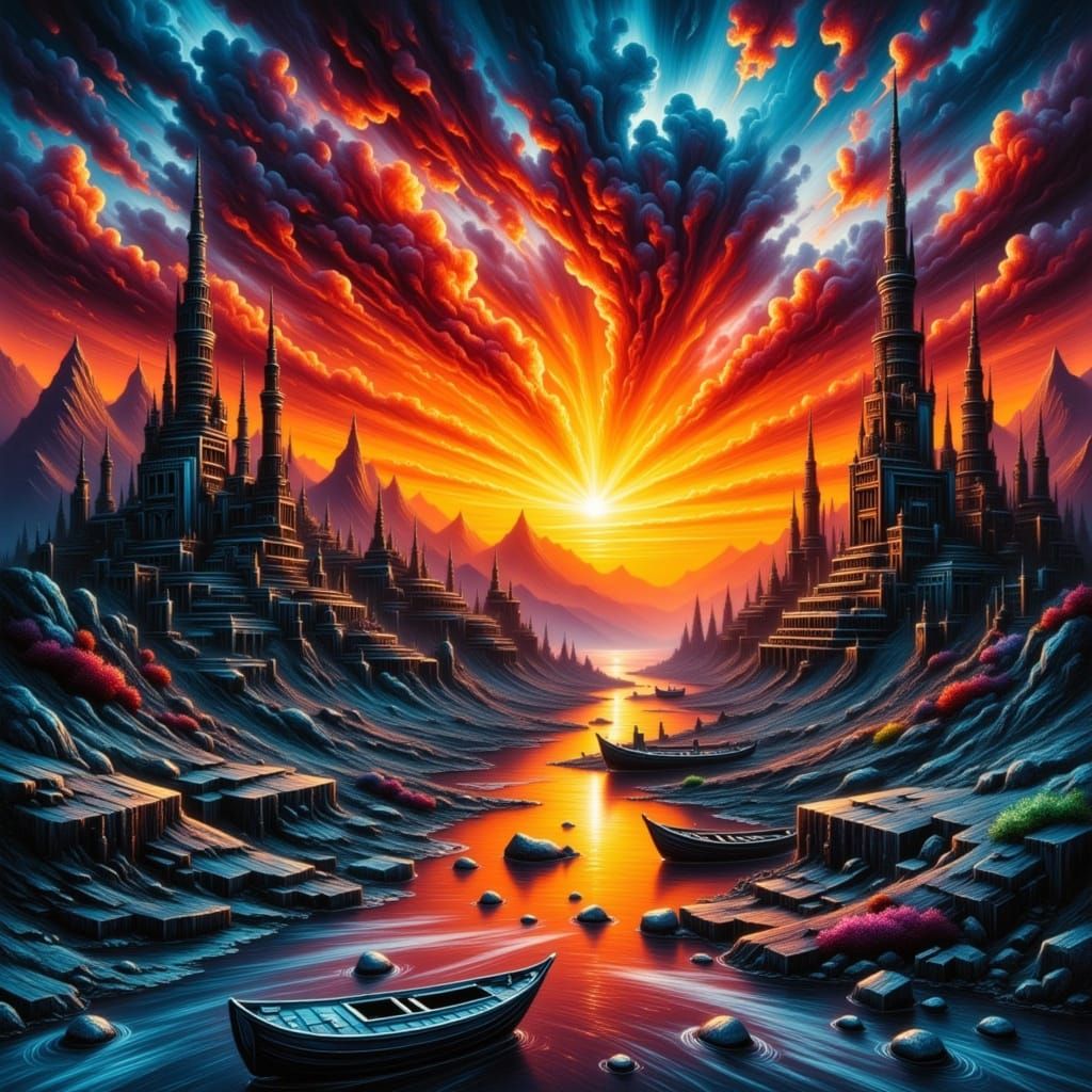 Vibrant Metallic Sunset in Detailed Matte Painting Style