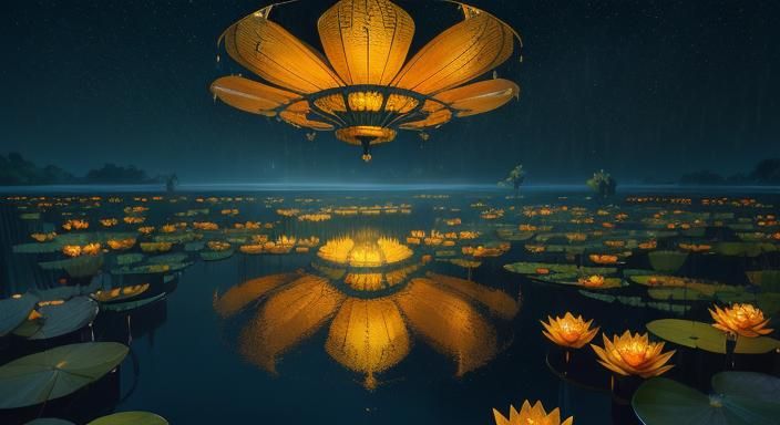 Glowing Oriental Lanterns Over Water Lilies