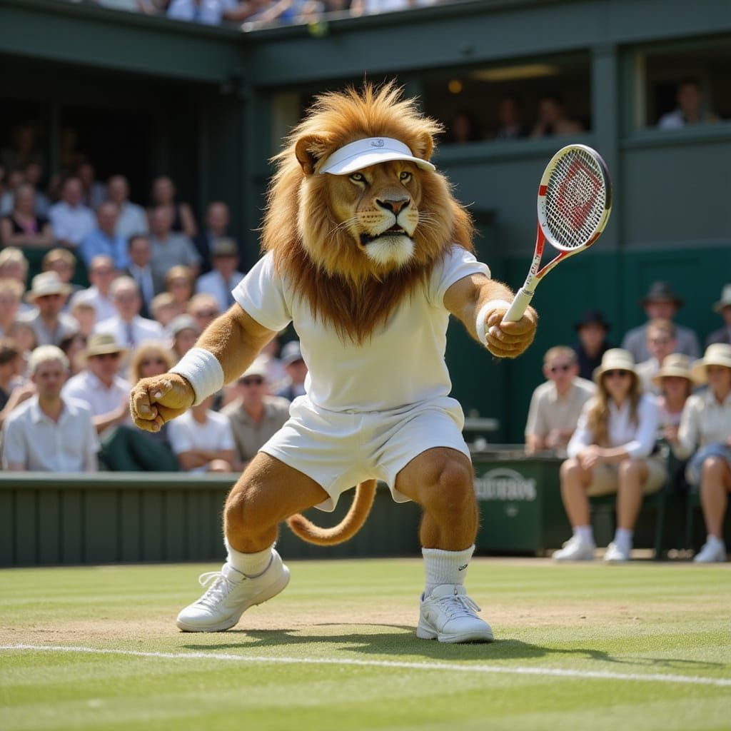 For The Wombledon Open, imagine a majestic lion, clad in pristine white tennis attire, complete with a tiny visor and sw...