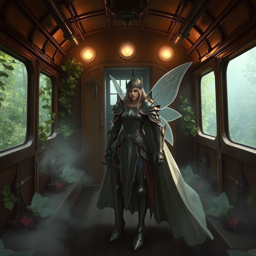 Fairy Knight in Vintage Train, Detailed Digital Art