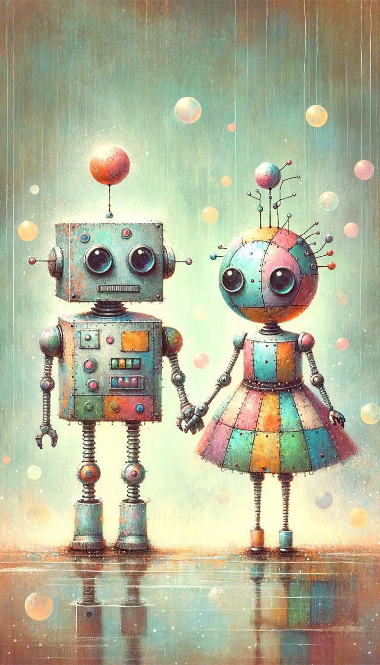 Whimsical Robots Holding Hands in Dreamlike Rain