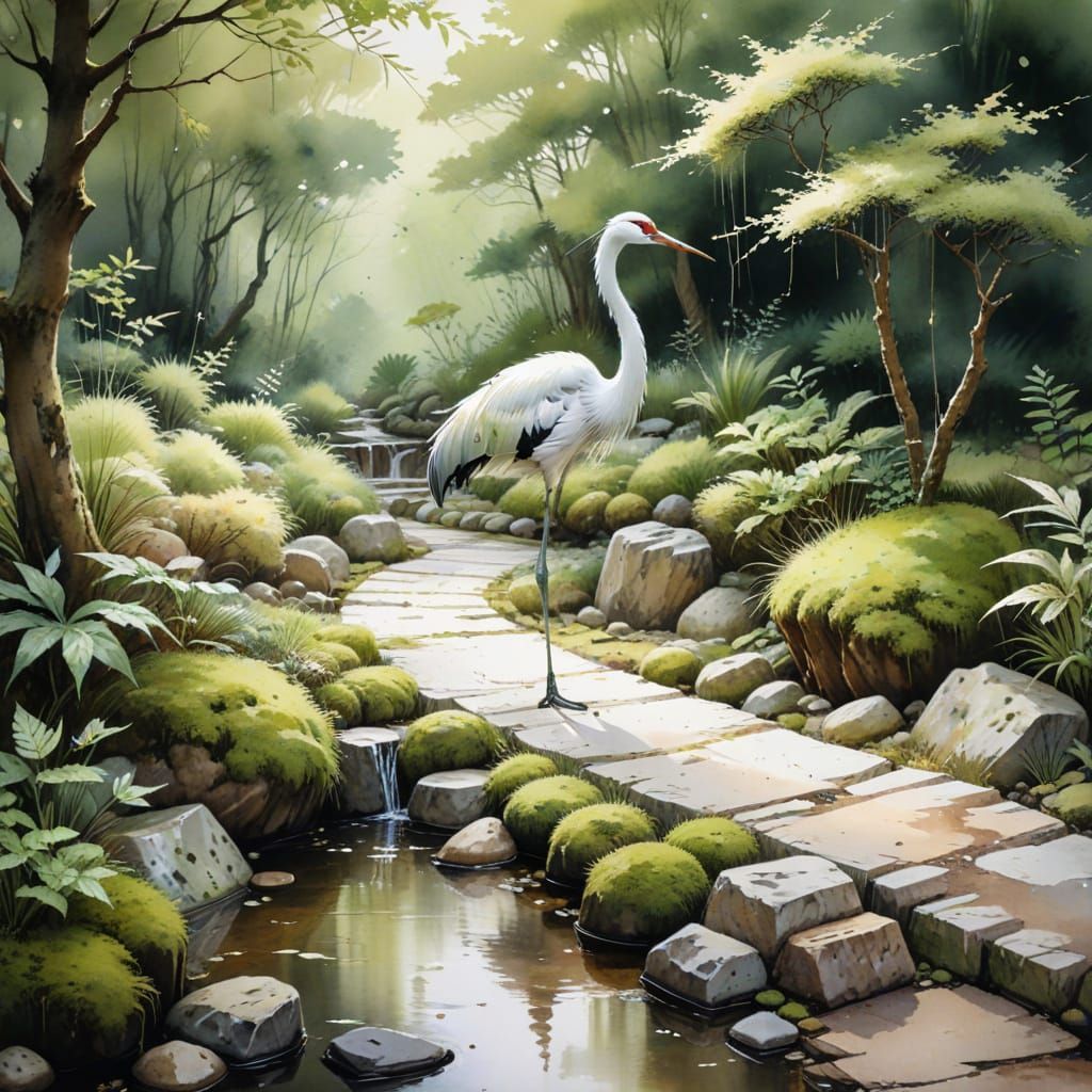 Crane in Serene Japanese Zen Garden