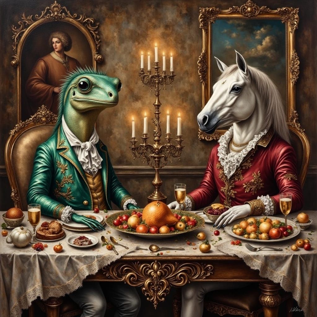 Baroque Feast With Anthropomorphic Animals In Maximalist Oil...