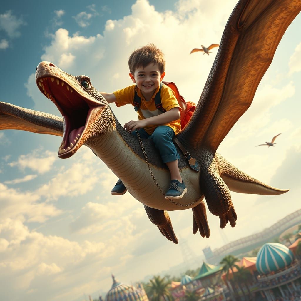 Boy Rides Pterodactyl Above Amusement Park