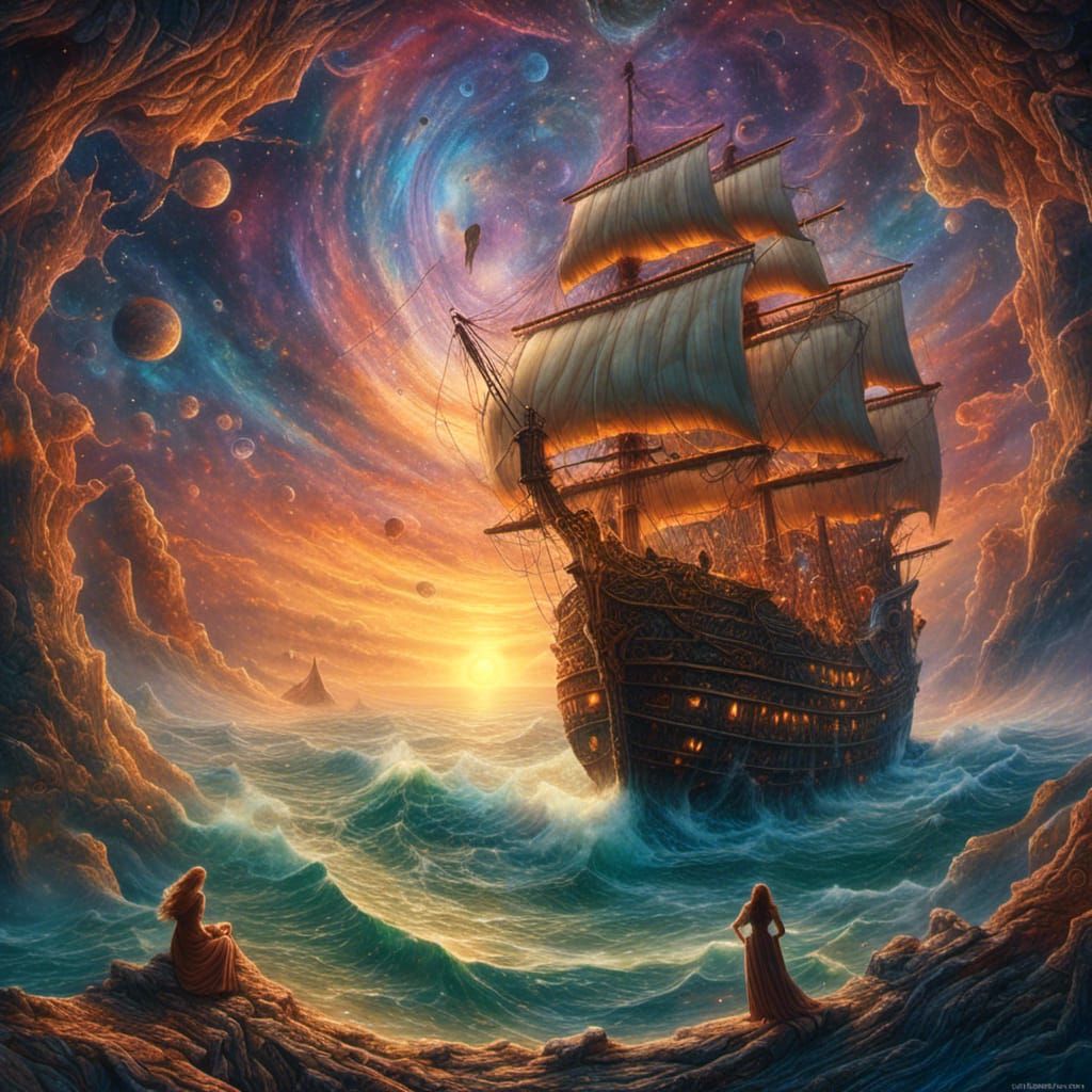 Drowning Witch Rescued Too Late in Space Watercolor