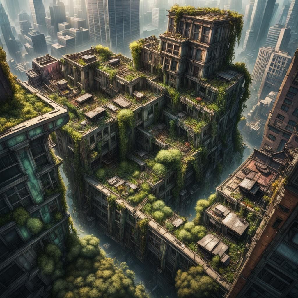 Overgrown Metropolis: Hyperrealistic Aerial Concept Art