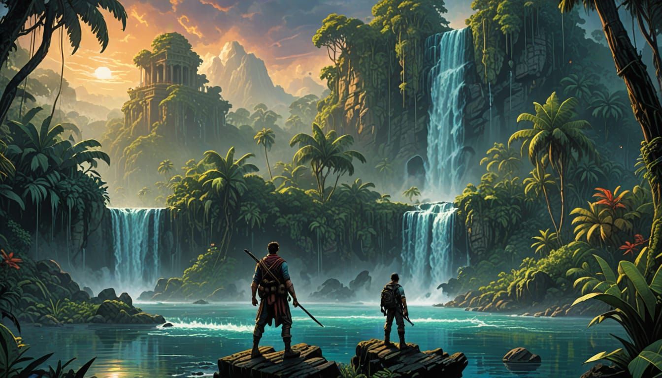 Epic Tropical Lagoon Adventure in Vibrant Comic Book Style