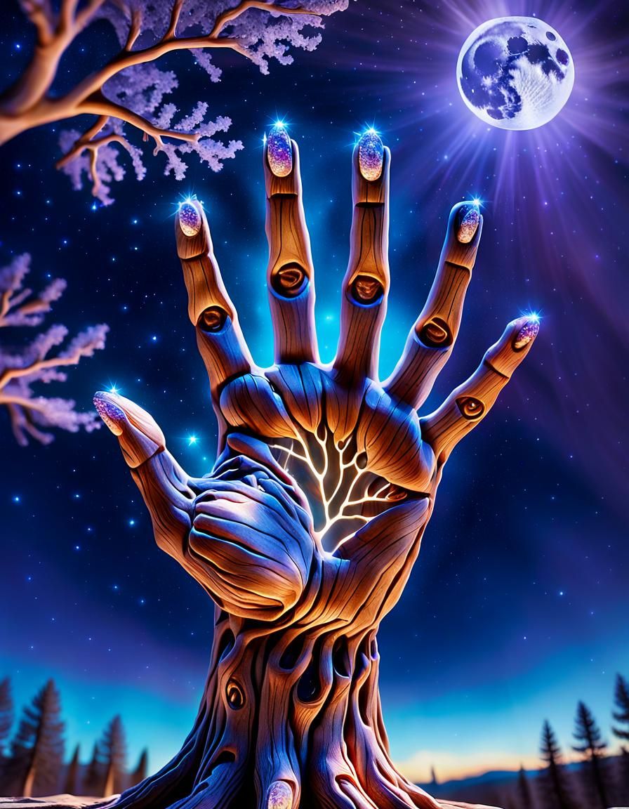 Surreal Wooden Hand with Tree Fingers