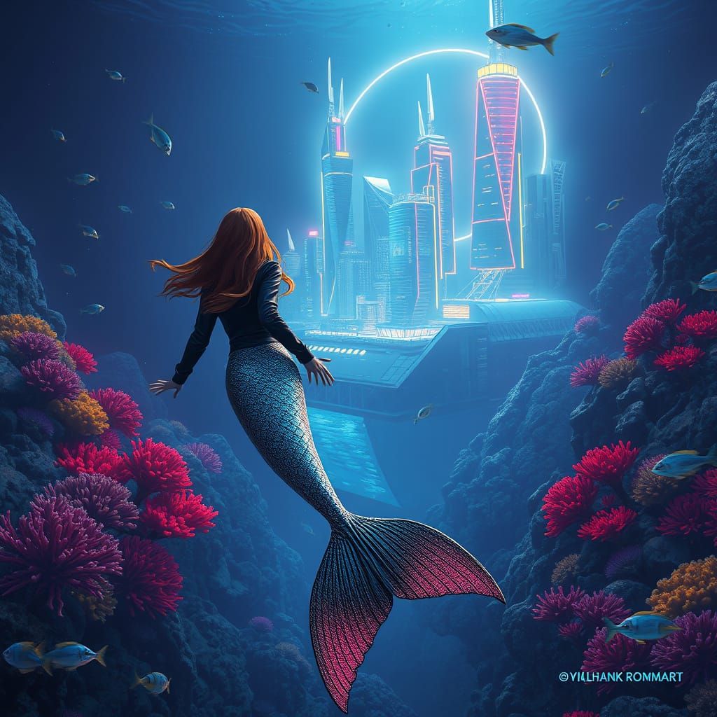 Cyberpunk Mermaid in Deep Sea Cityscape