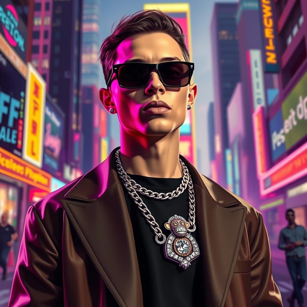 Sleek Streetwear with Diamond Chain in Neon Cityscape