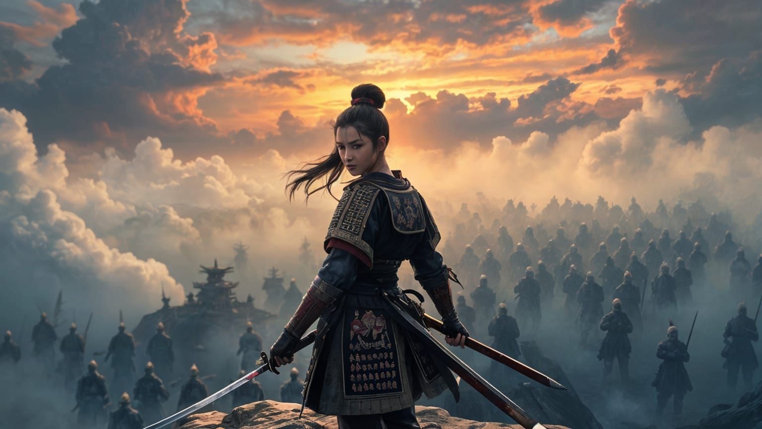 Ethereal Nippon Female Warrior Stands on a Precipice