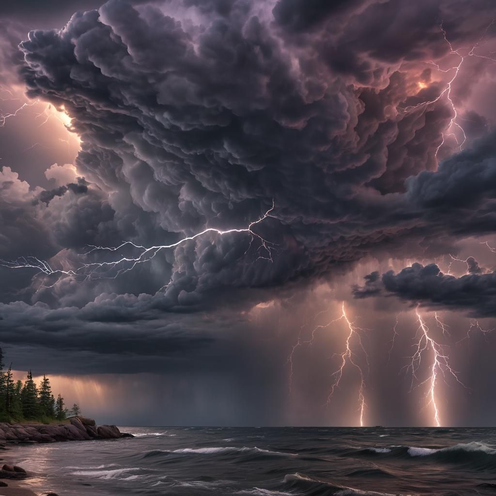 Sunset Lightning Storm Over Lake Superior: Hyperrealistic HD...