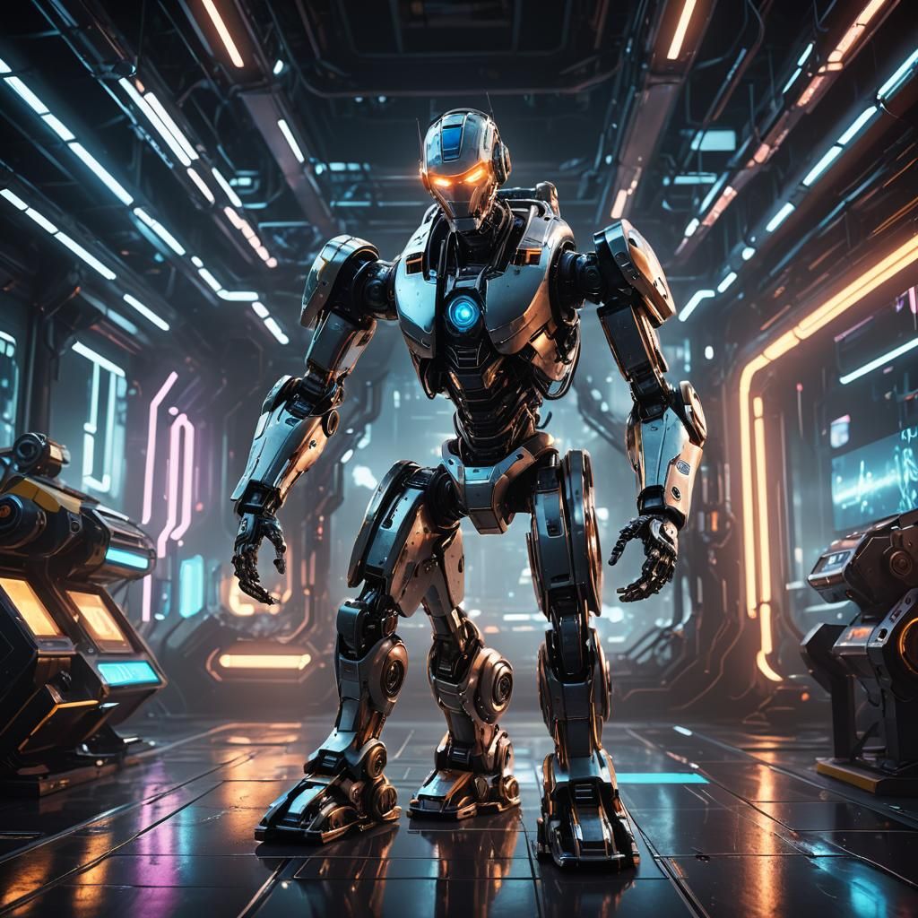 Sci-Fi Robot on Metallic Platform in Neon Lit Scene