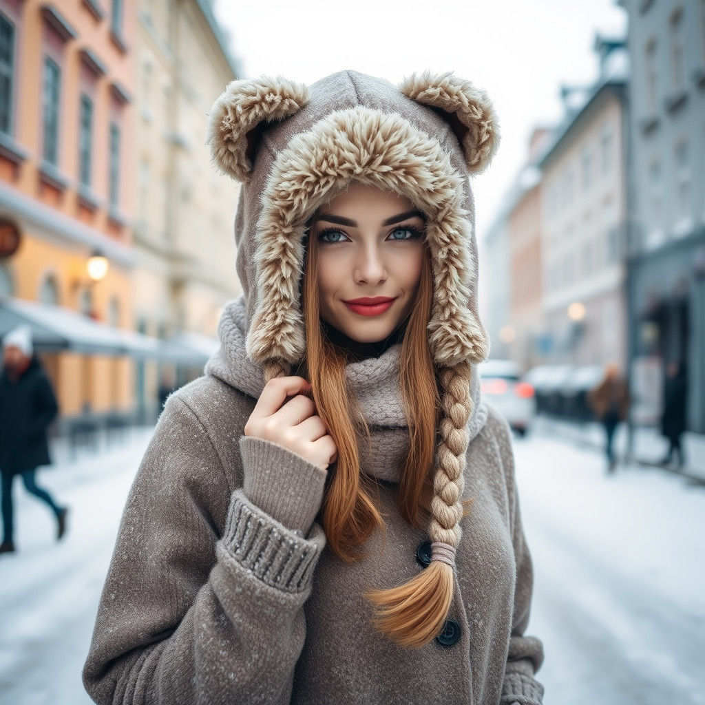Woman in Bear Hat, Winter Street Photography