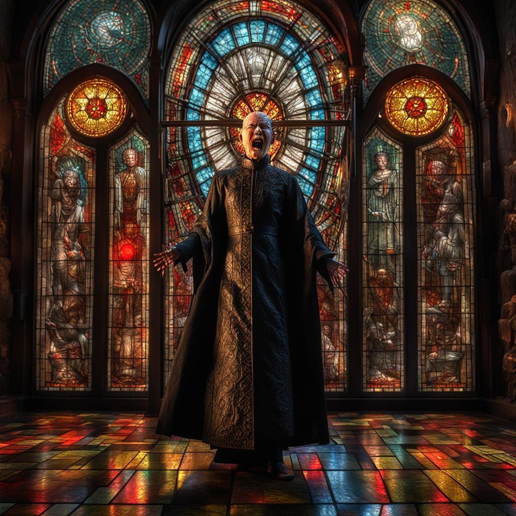 Hyperrealistic Asian Female Pinhead Shattering Stained Glass