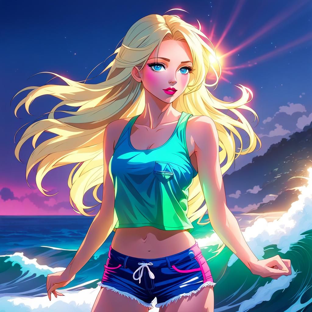 Radiant Woman on Beach in Anime Style